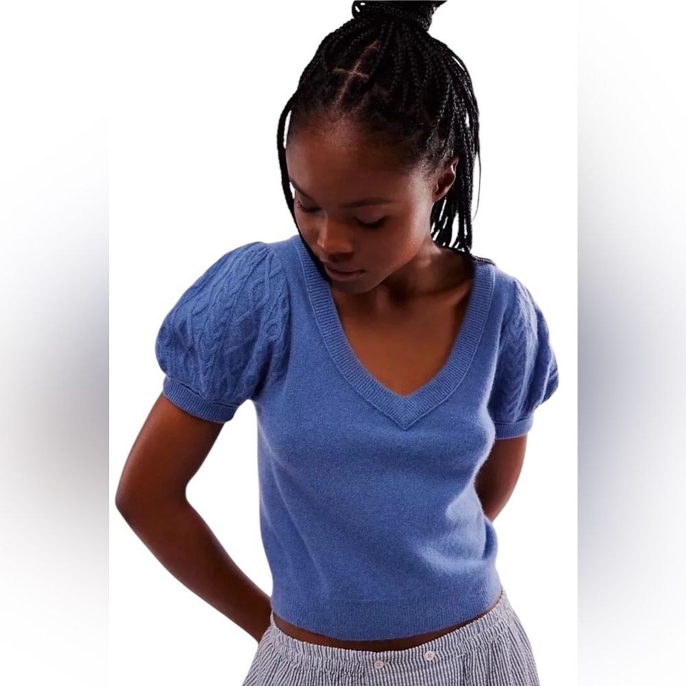 Free People Shirt Womens Annabel 100% Cashmere V Neck Indigo Blue Size Small - Picture 2 of 10